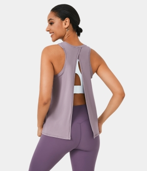 Halara Split Tie Back Tank-No Bra Women's Tops Taro Milk Tea - Amethyst | IXYBEDM-23