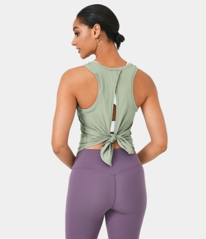 Halara Split Tie Back Tank-No Bra Women's Tops Cameo Green | NIODBGH-39