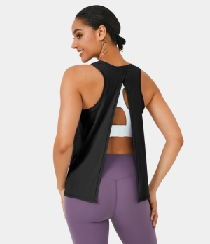 Halara Split Tie Back Tank-No Bra Women's Tops Midnight Adventure - Black | VATIDKZ-28