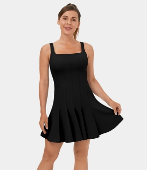 Halara Square Neck 2-Piece Side Pocket Flare Dance Women's Dress Black | 145036-IYG