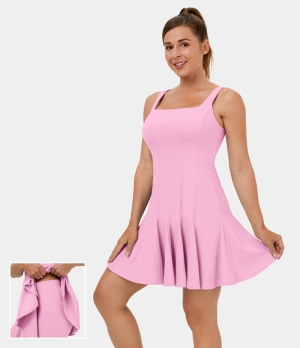 Halara Square Neck 2-Piece Side Pocket Flare Dance Women's Dress Pink Frosting | 810625-WHK