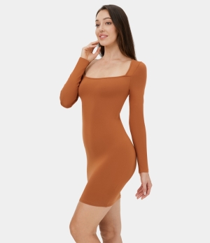 Halara Square Neck Backless Crisscross Lace Up Bodycon Mini Casual Women's Dress Adobe | 056498-BWD