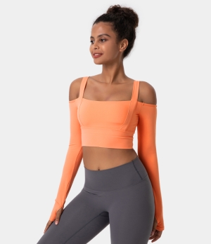 Halara Square Neck Cold Shoulder Thumb Hole Cropped Sports Women's Tops Coral Almond | BFAHPEX-85
