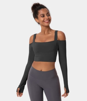 Halara Square Neck Cold Shoulder Thumb Hole Cropped Sports Women's Tops Black | HLTIVRZ-98