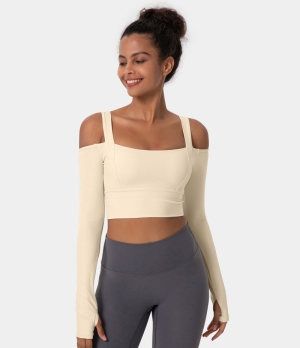 Halara Square Neck Cold Shoulder Thumb Hole Cropped Sports Women's Tops Light Beige | QMAEBOZ-24
