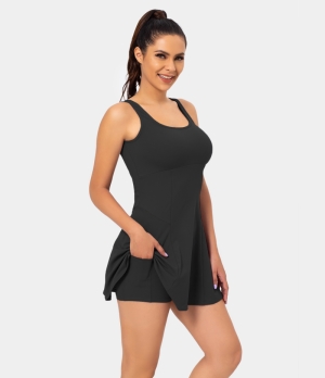 Halara Square Neck Side Pocket 2-Piece Mini Flare Set Women's Dress Black | 308596-BVU