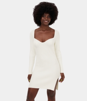 Halara Square Neck Split Hem Bodycon Casual Sweater Women's Dress White | 234817-JTN