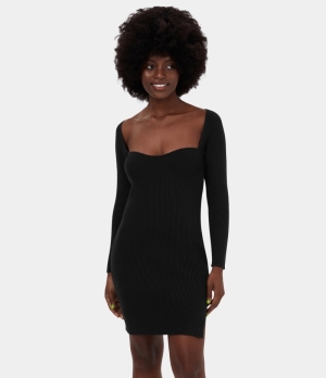 Halara Square Neck Split Hem Bodycon Casual Sweater Women's Dress Black | 496138-TPE