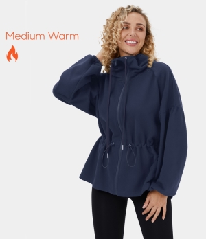 Halara Stand Collar Drawstring Dropped Shoulder Zipper Fleece Casual Jacket Women's Tops Dark Blue | EDNCUTI-13
