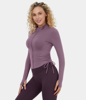 Halara Stand Collar Full Zip Side Drawstring Thumb Hole Cropped Yoga Jacket Women's Tops Grapeade | LZGSQEU-26