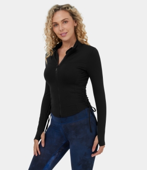 Halara Stand Collar Full Zip Side Drawstring Thumb Hole Cropped Yoga Jacket Women's Tops Black | RLOFXPW-81