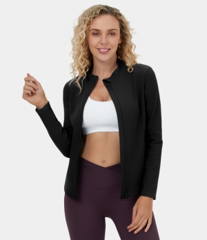 Halara Stand Collar Full Zip Side Pocket Cropped Fleece Casual Jacket Women's Tops Black | FICTQKY-87