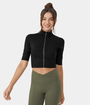 Halara Stand Collar Half Sleeve Zip Front Cropped Golf Sports Women's Tops Black | HBRKETU-58