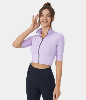 Halara Stand Collar Half Sleeve Zip Front Cropped Golf Sports Women's Tops Lavender Fog | PAEFWTJ-02
