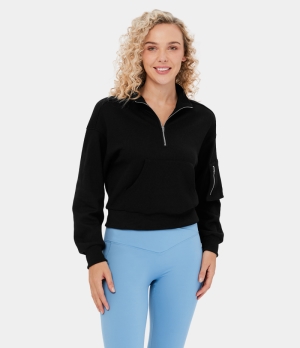 Halara Stand Collar Half Zip Dropped Shoulder Kangaroo Pocket Waffle Casual Sweatshirt Women's Tops Black | BAXHRIL-03