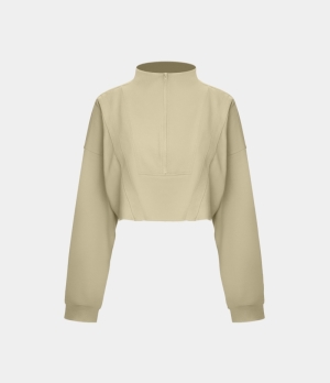 Halara Stand Collar Half Zip Raw Hem Cropped Casual Sweatshirt Women's Tops Light Beige | XCVSPFZ-76
