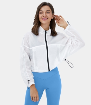 Halara Stand Collar Zip Front Drawstring Side Pocket Sheer Cropped Casual Jacket Women's Tops White | LZQGEVF-28