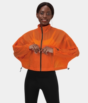 Halara Stand Collar Zip Front Drawstring Side Pocket Sheer Cropped Casual Jacket Women's Tops Orange Tiger | XGWNCTA-21