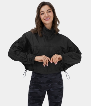 Halara Stand Collar Zip Front Drawstring Side Pocket Sheer Cropped Casual Jacket Women's Tops Black | YTGCZVU-20