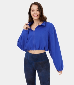 Halara Stand Collar Zipper Adjustable Drawcord Cropped Casual Sweatshirt Women's Tops Klein Blue | HDIBSUV-57
