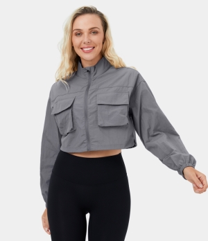 Halara Stand Collar Zipper Flap Pocket Drawcord Cropped Casual Cargo Jacket Women's Tops Grey | UJTAQFL-35