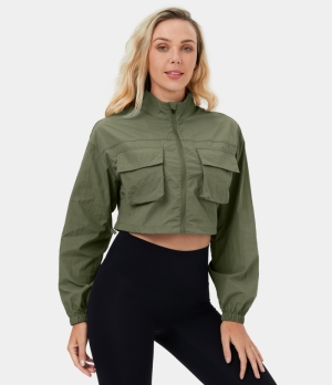 Halara Stand Collar Zipper Flap Pocket Drawcord Cropped Casual Cargo Jacket Women's Tops Four Leaf Clover | UZLWXSY-12