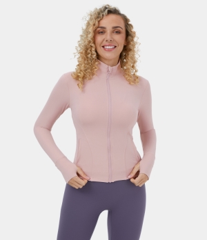 Halara Stand Collar Zipper Front Side Pocket Thumb Hole Cropped Yoga Jacket Women's Tops Lilac Pink | CATFUKJ-98