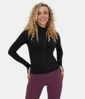 Halara Stand Collar Zipper Front Side Pocket Thumb Hole Cropped Yoga Jacket Women's Tops Black | GDUKYTA-52