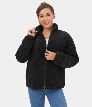 Halara Stand Collar Zipper Side Pocket Casual Fleece Jacket Women's Tops Black | UGZFEBI-93