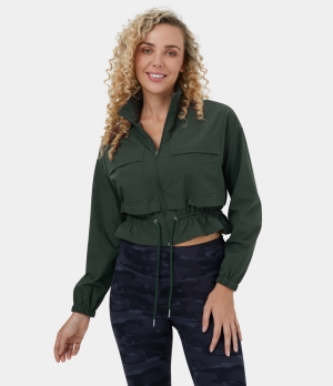 Halara Stand Collar Zipper Side Pocket Drawstring Cropped Casual Jacket Women's Tops Mountain View | NGHKJFZ-85