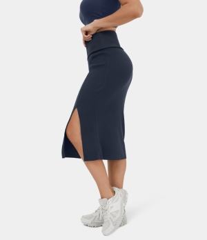 Halara Super High Waisted Foldover Split Waffle Bodycon Midi Casual Women's Skirts Overture | 803296-IYV