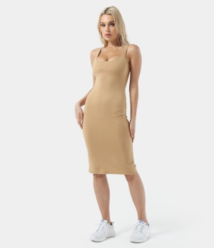 Halara Tank Split Hem Solid Midi Bodycon Women's Dress Khaki | 649302-ZPA