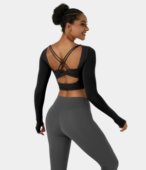 Halara Thumb Hole Backless Crisscross Cut Out Cropped Sports Women's Tops Black | IGSNCPE-87