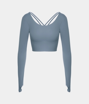 Halara Thumb Hole Backless Crisscross Cut Out Cropped Sports Women's Tops Carolina Blue | VDFBOSJ-81