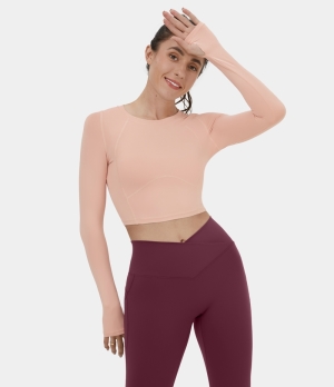 Halara Thumb Hole Corset Style Contrast Cropped Yoga Sports Women's Tops Pale Blush | CLEGZTJ-30