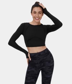 Halara Thumb Hole Corset Style Contrast Cropped Yoga Sports Women's Tops Black | POHQANK-73