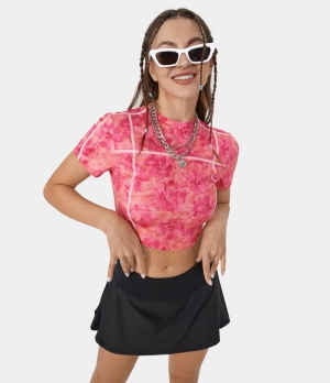 Halara Tie Dye Back Zipper Color Block Cropped Casual Sports Women's Tops Desert Rose tie dye(Hot pink) | ITMLOZE-83