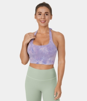 Halara Tie Dye Halter Lace Up Cropped Yoga Tank Women's Tops Tie-dye Light Purple | IKRDCJN-03
