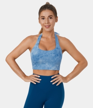 Halara Tie Dye Halter Lace Up Cropped Yoga Tank Women's Tops Tie-dye Dark Blue | UCLSIYX-01