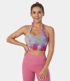 Halara Tie Dye Halter Lace Up Cropped Yoga Tank Women's Tops Tie-dye Red Yellow | YTNWSHR-57