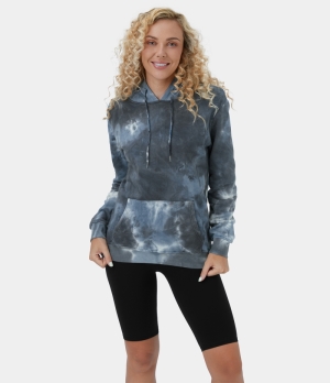 Halara Tie Dye Hooded Drawstring Kangaroo Pocket Fleece Casual Sports Sweatshirt Women's Tops Tie-dye Grey Blue | XNKFZJD-75