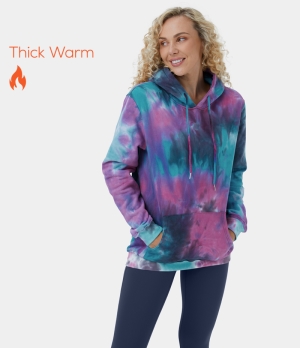 Halara Tie Dye Hooded Drawstring Kangaroo Pocket Fleece Casual Sports Sweatshirt Women's Tops Tie-dye Multicolor | YBPKXWQ-04