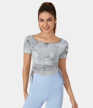 Halara Tie Dye Side Drawstring Cropped Barre Ballet Dance Sports Women's Tops Tie-dye Black Grey | UPEJSQN-93