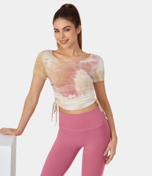 Halara Tie Dye Side Drawstring Cropped Barre Ballet Dance Sports Women's Tops Tie-dye Pink Yellow | ZJSWBIY-05