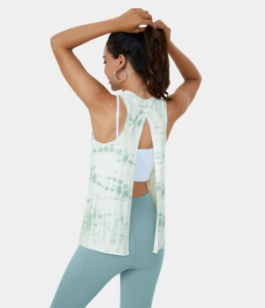 Halara Tie Dye Split Tie Back Barre Ballet Dance Tank-No Bra Women's Tops Stary Green | NFZRIPS-52