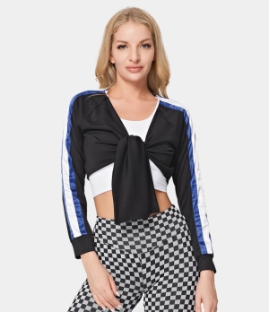 Halara Tie Front Long Sleeve Contrast Trim Sports-No Tank Women's Tops Black | EVDULIM-69