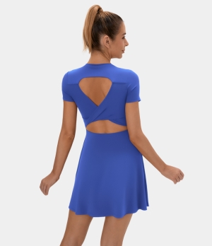 Halara Twisted Cut Out Barre Ballet Dance Flare Women's Dress Klein Blue | 312064-LGF