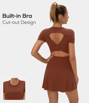 Halara Twisted Cut Out Barre Ballet Dance Flare Women's Dress Russet Brown | 649013-TYM