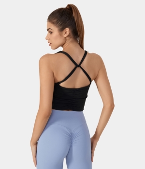 Halara Twisted Spaghetti Straps Ruched Cropped Yoga Tank Women's Tops Black | CBWLEID-56