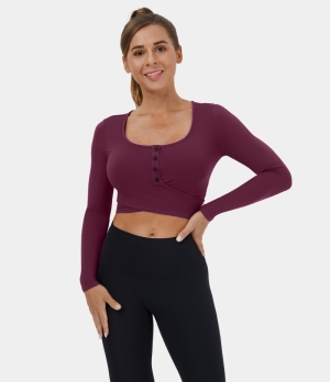 Halara U Neck Button Crossover Hem Lace Up Cropped Yoga Sports Women's Tops Red Violet | COLDPEQ-41